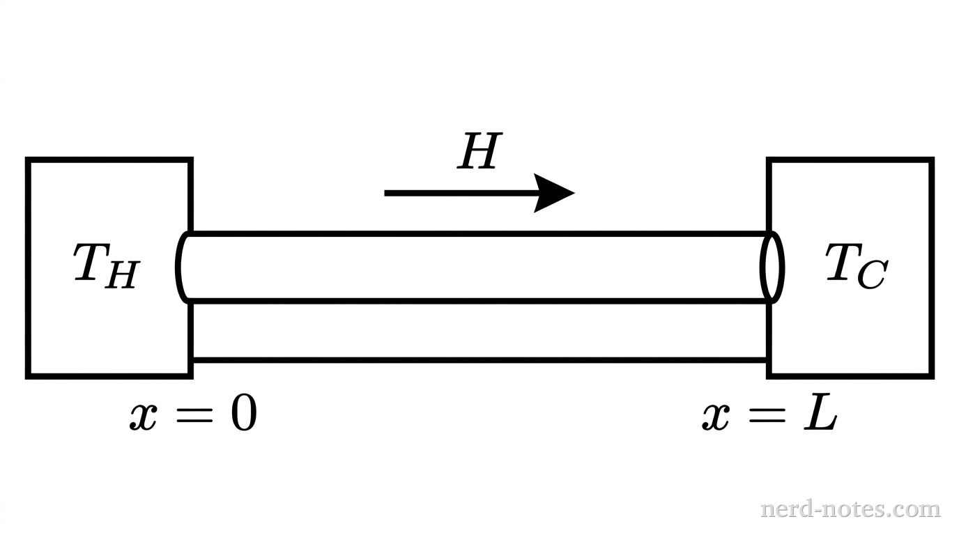 A horizontal cylindrical rod of length L is positioned between two rectangular heat reservoirs. The left reservoir is labeled T_H at position x = 0. The right reservoir is labeled T_C at position x = L. A horizontal line below the rod represents the x-axis with origin x = 0 at the left end and x = L at the right end. An arrow pointing to the right along the rod indicates the heat current H. No other labels, lines, text, or axes appear.