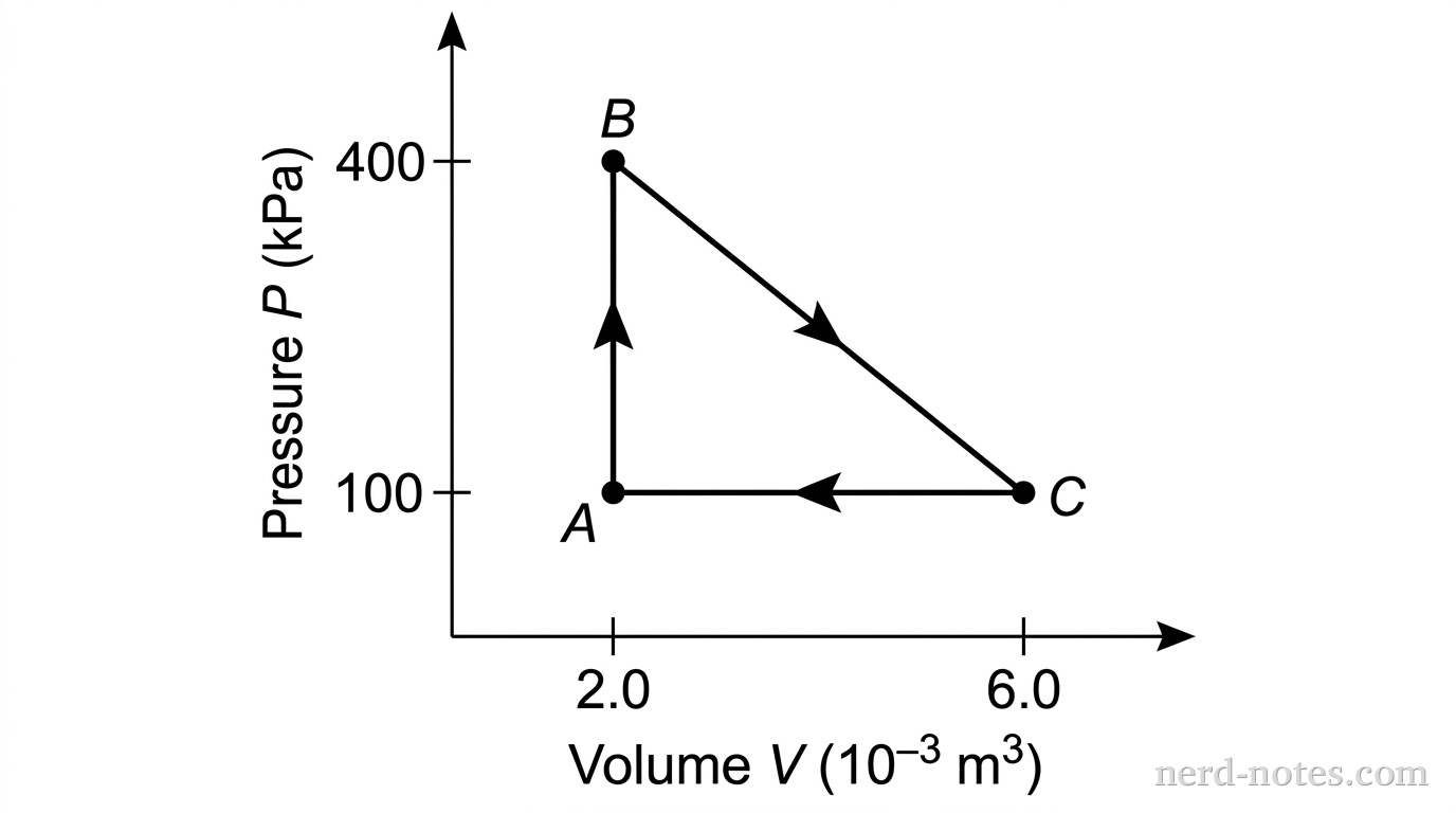 A graph of pressure P on the vertical axis versus volume V on the horizontal axis. State A is at (2.0, 100), State B is directly above A at (2.0, 400), and State C is to the right of A at (6.0, 100). The vertical axis is labeled 'Pressure P (kPa)' with ticks at 100 and 400. The horizontal axis is labeled 'Volume V (10^-3 m^3)' with ticks at 2.0 and 6.0. Three straight directed line segments form a closed right triangle: a vertical segment with an upward arrow from A to B, a diagonal segment with a downward-right arrow from B to C, and a horizontal segment with a leftward arrow from C to A. No other labels, lines, text, or axes appear.