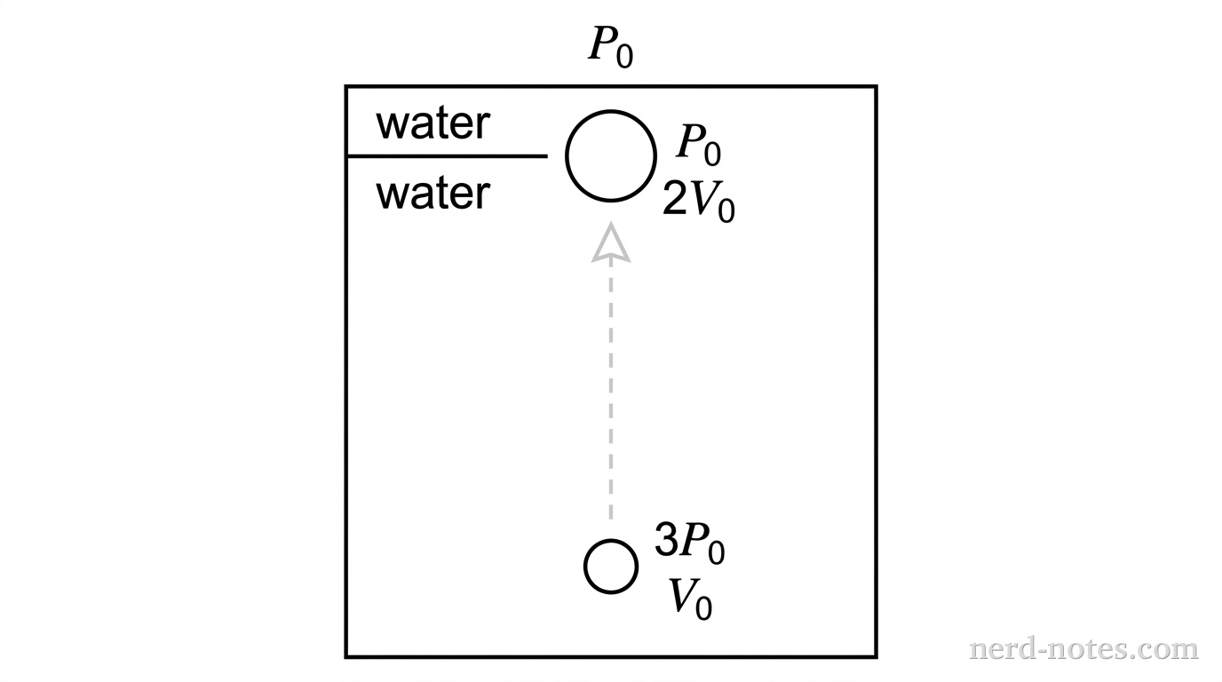 A vertical cross-section of water with a horizontal surface line at the top. Deep underwater near the bottom, a small circular air bubble is drawn and labeled with pressure 3P_0 and volume V_0. A vertical upward dashed arrow points from the lower bubble to a larger circular bubble near the top surface. The upper bubble is labeled with pressure P_0 and volume 2V_0. Atmospheric pressure above the water surface is labeled P_0. No other labels, lines, text, or axes appear.