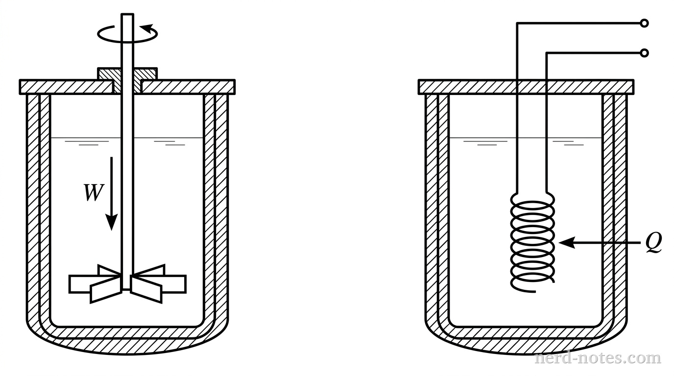 Side-by-side comparison of two identical insulated containers filled with liquid. Experiment 1 on the left shows a vertical rotating shaft entering through a top seal, terminating in a submerged paddle wheel with a label W entering along the shaft. Experiment 2 on the right shows an electrical heating element submerged in the liquid, connected to external leads, with a label Q entering the coil. Both containers feature double-walled hatching indicating thermal insulation. No other text or labels appear.