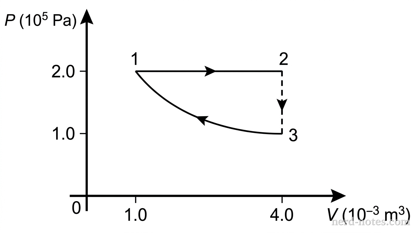 A pressure versus volume graph (PV diagram) displaying a closed three-step thermodynamic cycle labeled 1, 2, and 3. The vertical axis is labeled Pressure P in 10^5 Pa with tick marks at 1.0 and 2.0. The horizontal axis is labeled Volume V in 10^-3 m^3 with tick marks at 1.0 and 4.0. State 1 is located at (1.0, 2.0). A horizontal line with an arrow pointing right connects state 1 to state 2 at (4.0, 2.0), representing an isobaric expansion. A vertical dashed line with an arrow pointing down connects state 2 to state 3 at (4.0, 1.0), representing an isochoric pressure drop. A smooth curve convex downward with an arrow pointing up-left connects state 3 back to state 1, representing an adiabatic compression. No other labels, lines, text, or axes appear.