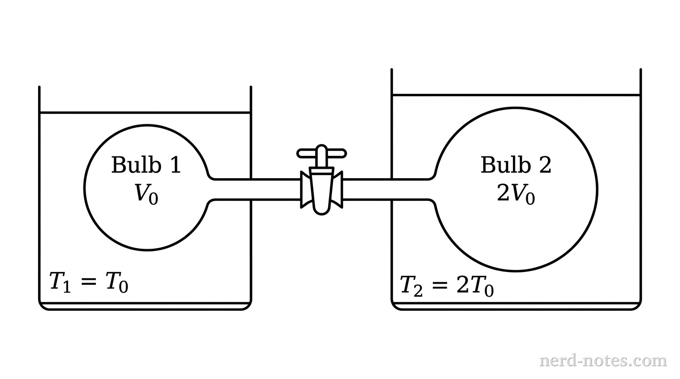 Two glass bulbs connected horizontally by a narrow tube with a central stopcock valve. The left bulb, labeled 'Bulb 1', has volume \(V_0\) and is submerged in a liquid bath labeled '\(T_1 = T_0\)'. The right bulb, labeled 'Bulb 2', is larger, with volume \(2V_0\), and is submerged in a liquid bath labeled '\(T_2 = 2T_0\)'. The stopcock valve in the middle tube is shown in the closed position. No other labels, lines, text, or axes appear.