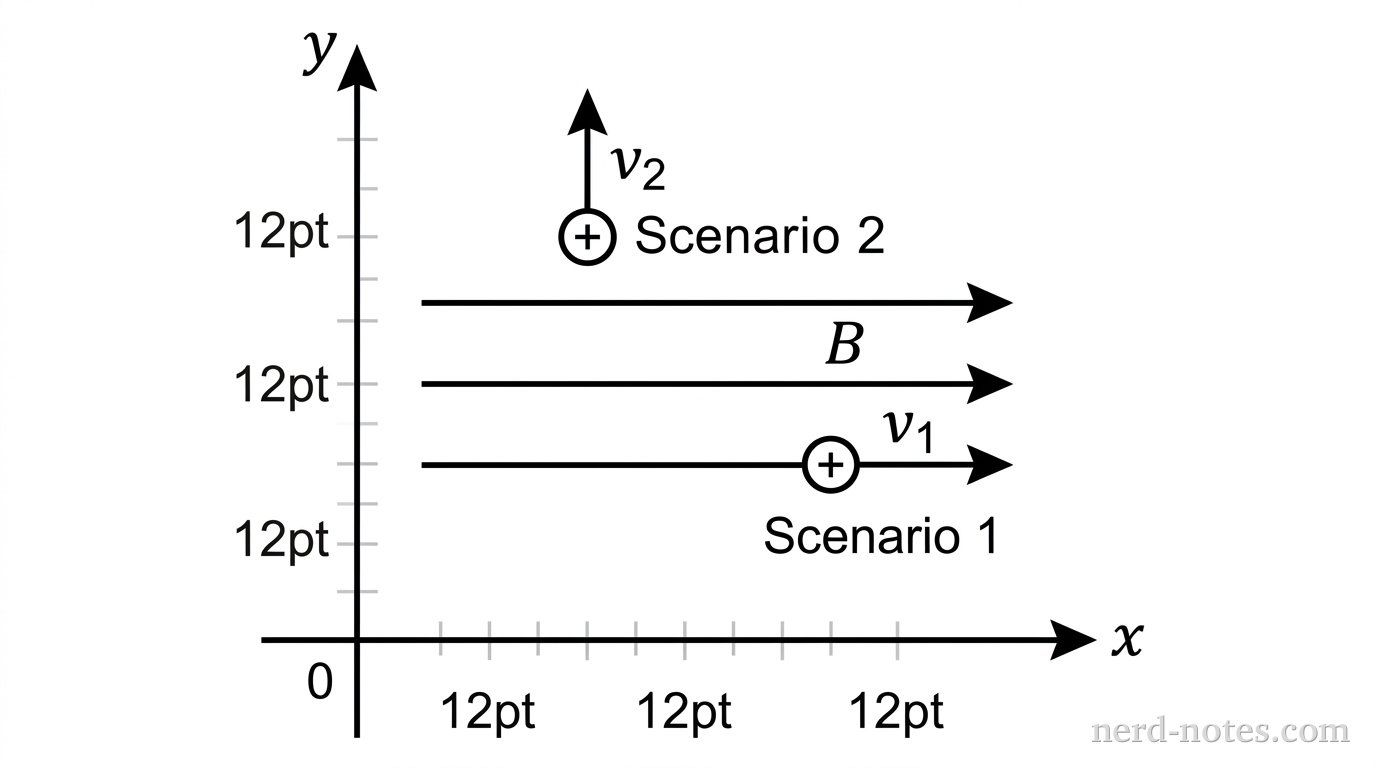 A 2D coordinate system with horizontal x-axis pointing right and vertical y-axis pointing up. Three horizontal rightward parallel arrows represent a uniform magnetic field, labeled B. In Scenario 1, a small positive circle with a plus sign moves rightward along the x-axis with a velocity vector labeled v_1 parallel to B. In Scenario 2, a small positive circle moves upward along the y-axis with a velocity vector labeled v_2 perpendicular to B. No other labels, lines, text, or axes appear.