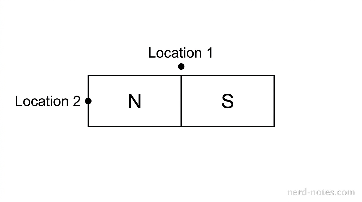 A flat horizontal rectangular bar magnet is centered in the diagram. The bar magnet is divided into two equal halves, with the left half labeled with a capital letter N representing the north pole and the right half labeled with a capital letter S representing the south pole. A black dot labeled Location 1 is positioned a short distance directly above the horizontal center of the top edge of the bar magnet. A second black dot labeled Location 2 is positioned a short distance directly to the left of the left edge of the bar magnet, along the horizontal axis that passes through the middle of the magnet. No magnetic field lines, compasses, arrows, or vector indicators are shown. No other labels, lines, text, or axes appear.