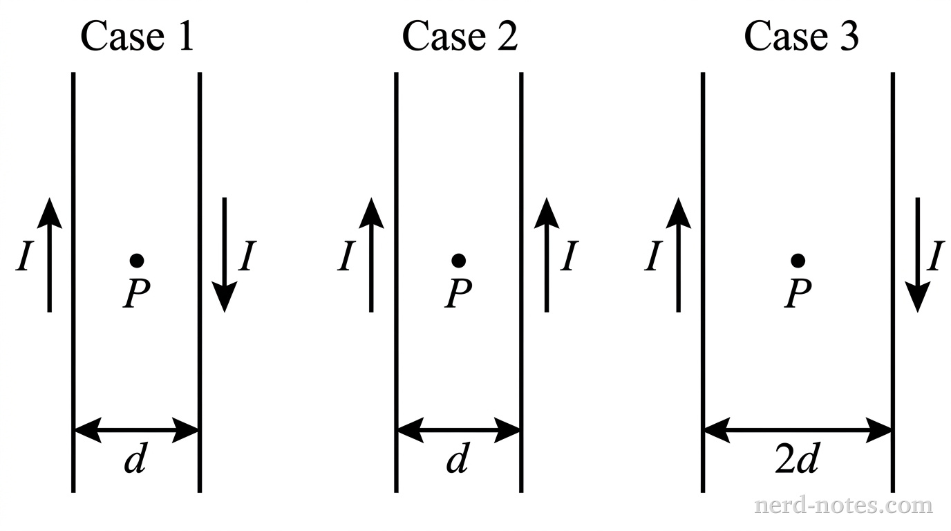 Three diagrams arranged horizontally labeled Case 1, Case 2, and Case 3. Case 1 shows two parallel vertical wires separated by distance d, with the left wire carrying current I upward and the right wire carrying current I downward, with a point P located at the midpoint between them. Case 2 shows two parallel vertical wires separated by distance d, both carrying current I upward, with a point P at the midpoint. Case 3 shows two parallel vertical wires separated by distance 2d, with the left wire carrying current I upward and the right wire carrying current I downward, with a point P at the midpoint. No other labels, lines, text, or axes appear.