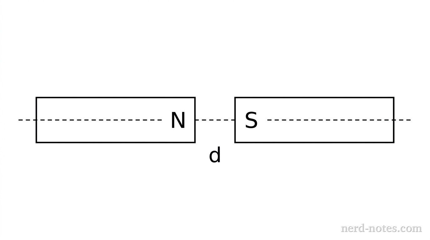A horizontal diagram showing two rectangular bar magnets placed on a flat surface along a central horizontal axis, separated by a small gap. The left magnet is labeled N on its right end facing the gap. The right magnet is labeled S on its left end facing the gap. A horizontal dashed centerline connects the centers of both magnets through the gap. No field line arrows or field representations are drawn in the gap. No other labels, lines, text, or axes appear.
