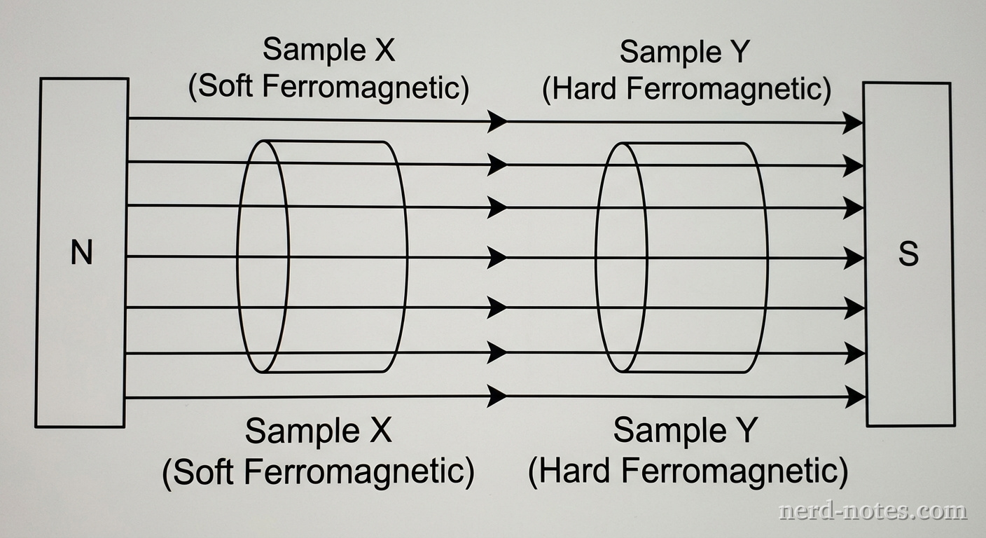 A horizontal schematic diagram showing two cylindrical material blocks placed side-by-side in a region with a uniform external magnetic field. On the left is a block labeled Sample X (Soft Ferromagnetic) and on the right is a block labeled Sample Y (Hard Ferromagnetic). Horizontal magnetic field lines with arrowheads pointing to the right pass through both cylinders. The field lines originate from a vertical rectangular block labeled N on the far left and terminate at a vertical rectangular block labeled S on the far right. No other labels, lines, text, or axes appear.