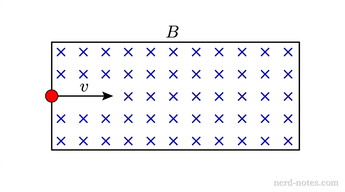 A horizontal rectangular region representing a uniform magnetic field containing a grid of evenly spaced blue cross symbols indicating a field directed into the page, labeled B. A small red filled circle labeled alpha particle enters from the left border of the rectangle with a straight horizontal arrow pointing to the right, labeled v. The arrow starts at the center of the particle circle and extends to the right. No other labels, lines, text, or axes appear.