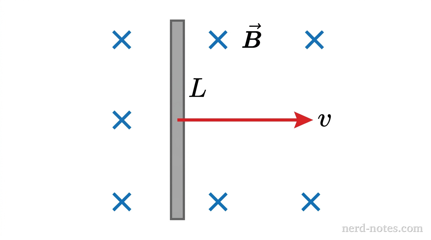 A rectangular diagram showing a straight horizontal conducting rod of length \(L\) oriented vertically in the plane of the page. The rod is rendered as a thick grey rectangle with a length label \(L\) alongside it. Surrounding the rod is a uniform grid of magnetic field symbols, represented by six evenly spaced blue x-marks indicating a magnetic field \(\vec{B}\) directed into the page. A horizontal red arrow labeled \(v\) originates at the midpoint of the rod and points to the right, indicating the direction of motion perpendicular to the rod's length. No other labels, lines, text, or axes appear.