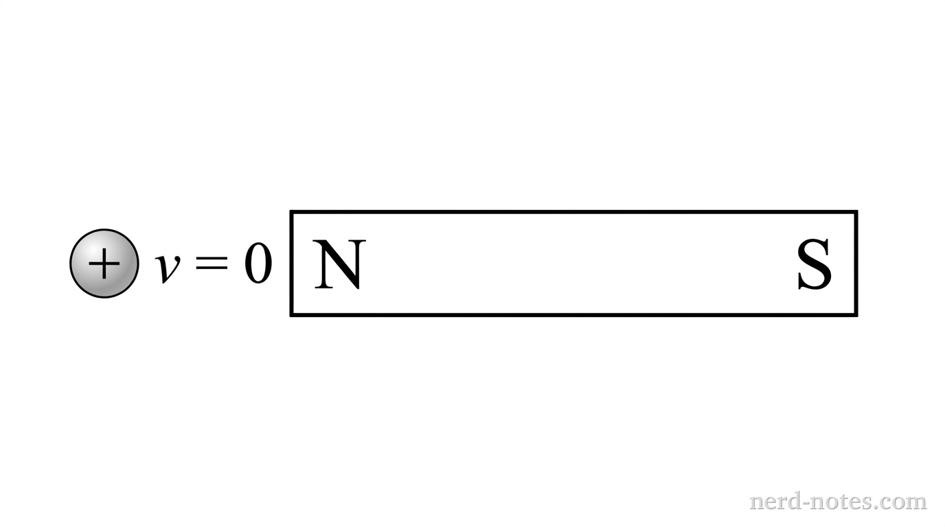 A horizontal bar magnet is shown with its north pole labeled N on the left end and south pole labeled S on the right end. A small sphere labeled with a positive plus sign is positioned to the left of the north pole. Next to the sphere, text indicates v = 0. No other labels, lines, or vectors appear.