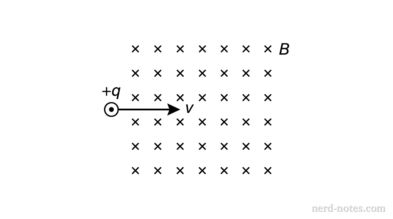 A two-dimensional diagram showing a region of uniform magnetic field directed into the page, represented by a grid of small x symbols labeled B. On the left side of the region, a small circle labeled +q moves horizontally to the right with a velocity vector arrow labeled v pointing to the right into the magnetic field region. No other labels, lines, text, or axes appear.