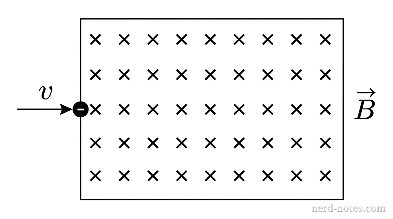 A horizontal line with an arrow pointing to the right represents an electron with velocity vector v entering a rectangular region filled with a uniform array of 'x' symbols labeled B, representing a magnetic field directed into the page. The electron is located at the left boundary of the field region. No other labels, lines, text, or axes appear.