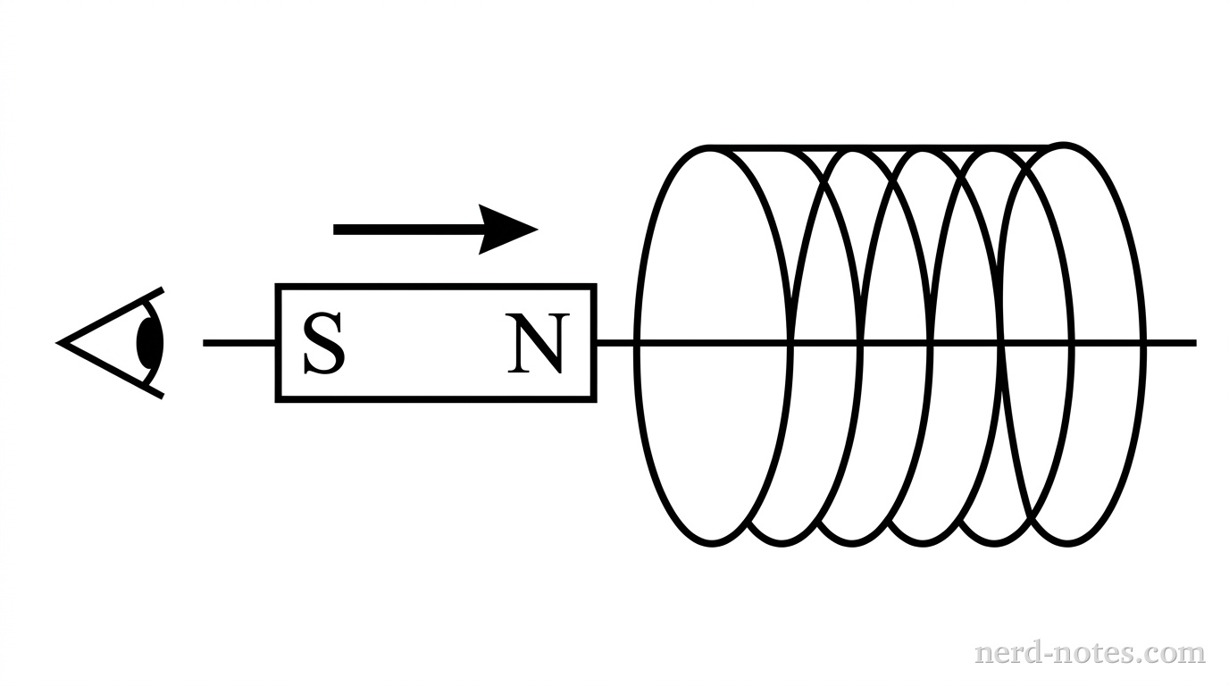 A horizontal cylindrical wire coil with several loops centered on a horizontal axis. To the left of the coil, a horizontal bar magnet is aligned along the same axis with its north pole labeled N facing right toward the coil and its south pole labeled S facing left. An arrow above the magnet points to the right toward the coil. An observer icon is positioned to the left of the magnet looking rightward toward the coil along the central axis. No other labels, lines, text, or axes appear.