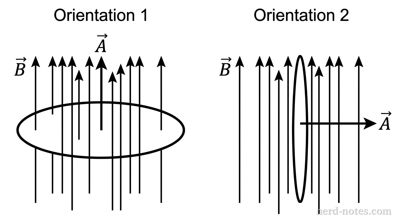 Two side-by-side diagrams showing a circular wire loop in a uniform magnetic field consisting of parallel upward vertical arrows labeled B. On the left, labeled Orientation 1, the wire loop lies horizontally so that the vertical magnetic field lines pass directly through the surface bounded by the loop. An area vector arrow labeled A points straight upward along the loop's central axis, parallel to the magnetic field arrows. On the right, labeled Orientation 2, the wire loop is tipped vertically so that the plane of the loop is parallel to the vertical magnetic field arrows, with magnetic field lines skimming past the surface without penetrating it. An area vector arrow labeled A points horizontally to the right, perpendicular to the magnetic field arrows. No other labels, lines, text, or axes appear.