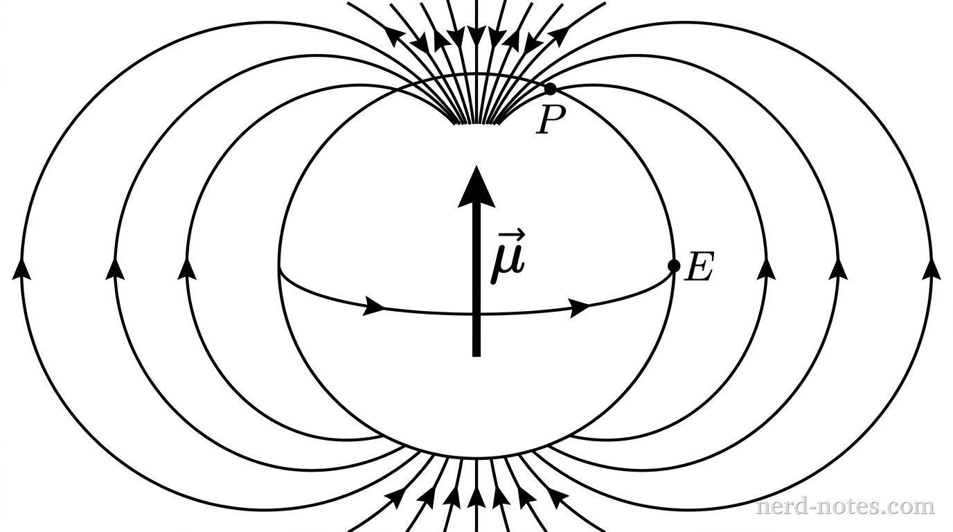 A sphere representing Earth with a magnetic dipole vector centered inside it, aligned vertically. Magnetic field lines loop continuously from the bottom region of the sphere around the outside to the top region. The field lines are drawn densely packed where they enter the top pole and exit the bottom pole, and are spread farther apart along the midsection equator. Point P is labeled on the top surface near the pole where lines are dense. Point E is labeled on the outer side surface at the equator where lines are sparse. No other labels, lines, text, or axes appear.