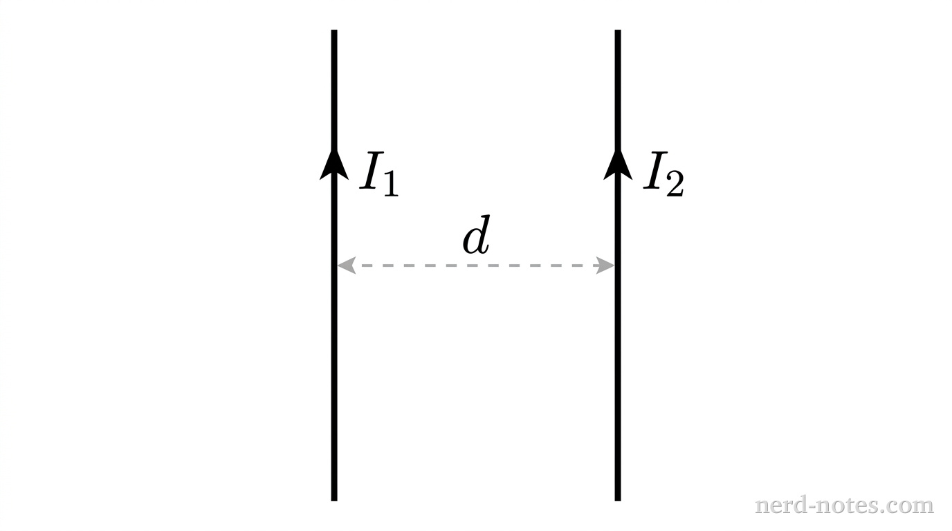 Two vertical, long parallel line segments representing thin wires are separated horizontally by a distance labeled d. Arrows along both wires point upward, labeled I_1 for the left wire and I_2 for the right wire. A horizontal dashed line segment with arrowheads at both ends spans between the wires and is labeled d. No other labels, lines, text, or axes appear.