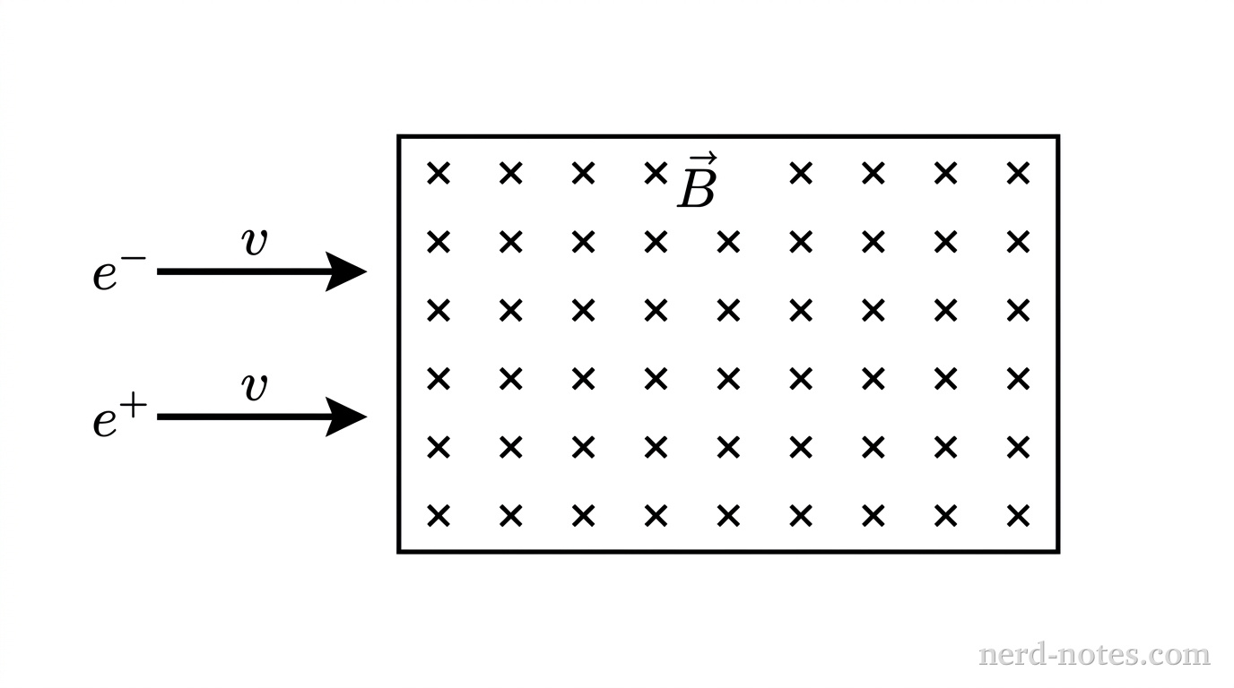 A horizontal rectangular region representing a uniform magnetic field. Inside the rectangle, an array of five rows and eight columns of small x symbols labeled \vec{B} represents a magnetic field directed into the page. On the left side outside the region, two horizontal parallel arrows point to the right toward the magnetic field region. The top arrow is labeled e^- and represents an electron. The bottom arrow is labeled e^+ and represents a positron. Both arrows have equal lengths and are labeled with speed v. No trajectories or deflected paths are shown inside the magnetic field region. No other labels, lines, text, or axes appear.