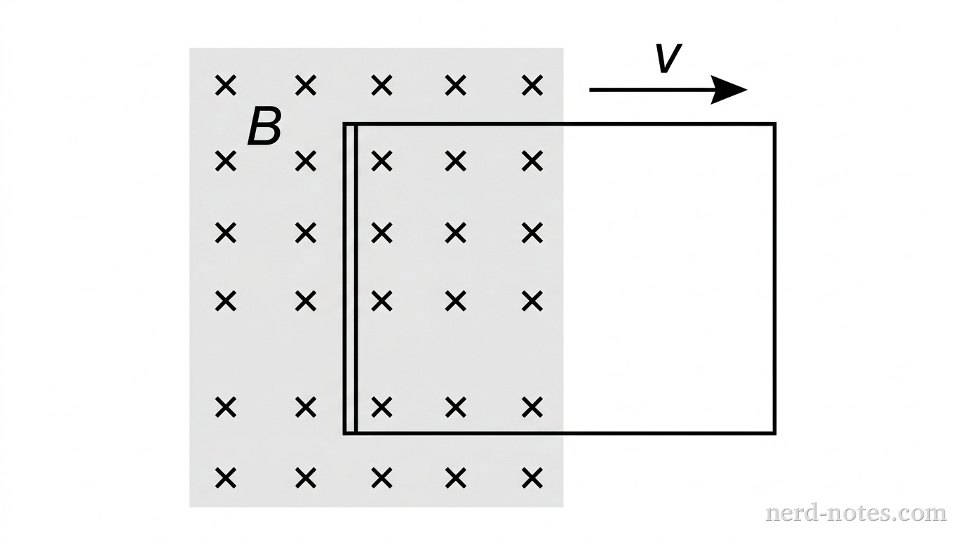 A rectangular loop of conductive wire oriented vertically in the plane of the page is pulled to the right with a constant velocity arrow labeled v. The left half of the rectangular loop is inside a shaded region containing uniform magnetic field vectors represented by evenly spaced crosses (x) labeled B directed into the page. The right half of the rectangular loop extends outside the magnetic field region into empty space. No other labels, lines, text, or axes appear.