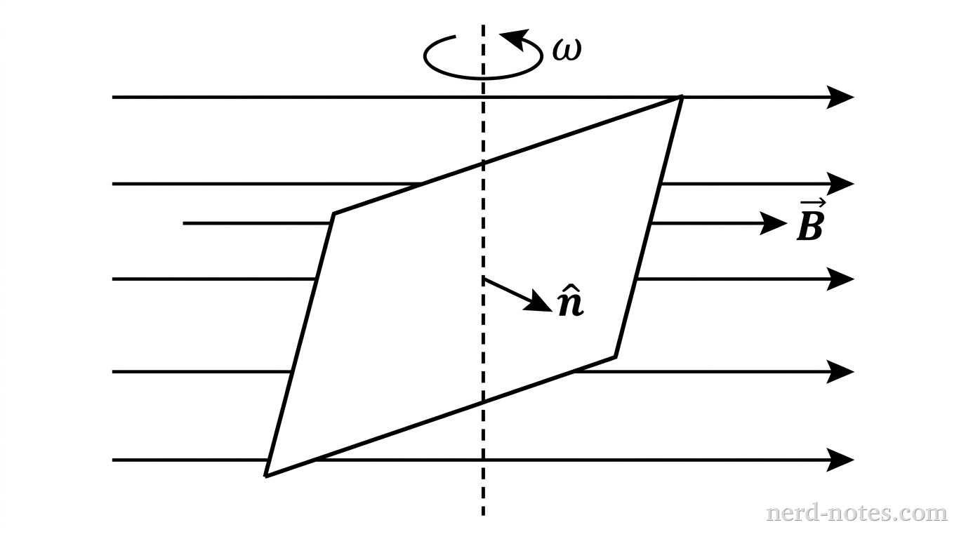 A perspective view showing a flat rectangular wire loop in a region with uniform horizontal magnetic field lines directed to the right, labeled \(\vec{B}\). A vertical dashed line passing through the midpoints of the top and bottom sides of the loop represents the axis of rotation. A curved arrow at the top of the axis labeled \(\omega\) indicates rotation around this vertical axis. The plane of the loop is tilted relative to the magnetic field. A normal vector perpendicular to the surface of the loop is drawn and labeled \(\hat{n}\). No other labels, lines, text, or axes appear.
