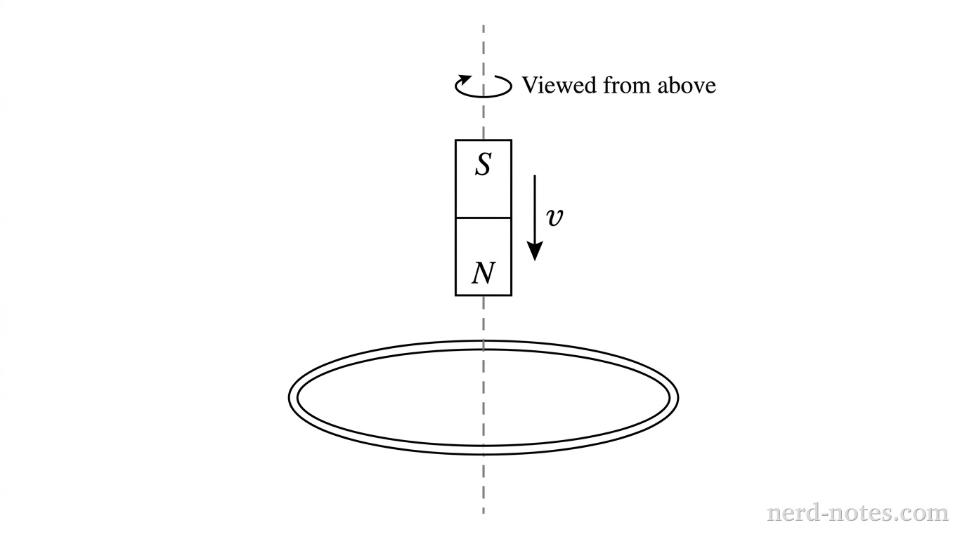 A vertical side view showing a horizontal circular conductive ring centered on a dashed vertical axis line. Above the ring, a rectangular bar magnet is positioned vertically along the same dashed axis, moving downward as indicated by a downward arrow labeled v. The lower half of the bar magnet is labeled N and the upper half is labeled S. A small curved arrow above the ring indicates the perspective 'Viewed from above'. No other labels, lines, text, or axes appear.