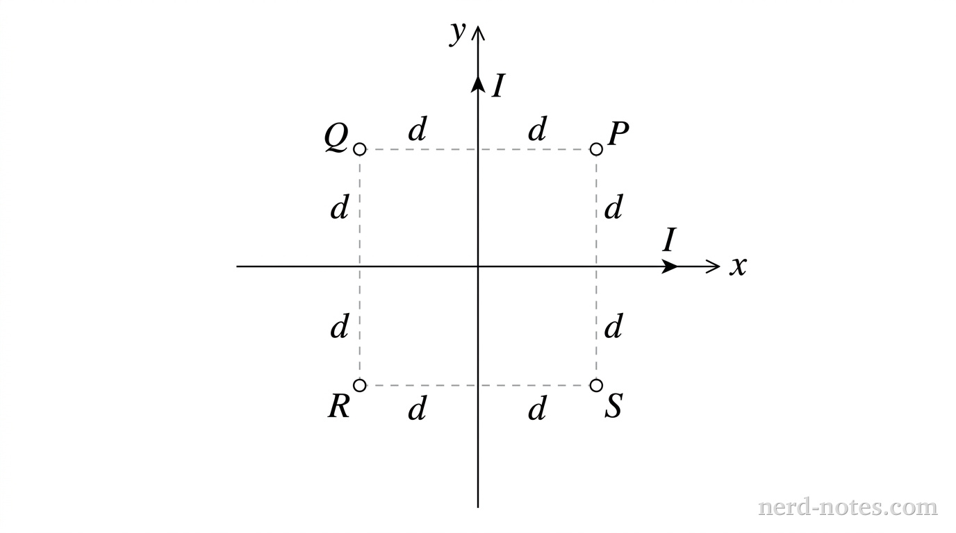 A two-dimensional Cartesian coordinate system showing two long, thin, perpendicular straight wires lying along the x-axis and y-axis. The wire along the x-axis carries a current I in the positive x-direction, indicated by an arrow pointing right labeled I. The wire along the y-axis carries an equal current I in the positive y-direction, indicated by an arrow pointing up labeled I. Four points are labeled in the four quadrants, each at a distance d from both axes: point P at (d, d) in Quadrant I, point Q at (-d, d) in Quadrant II, point R at (-d, -d) in Quadrant III, and point S at (d, -d) in Quadrant IV. No other labels, lines, text, or axes appear.