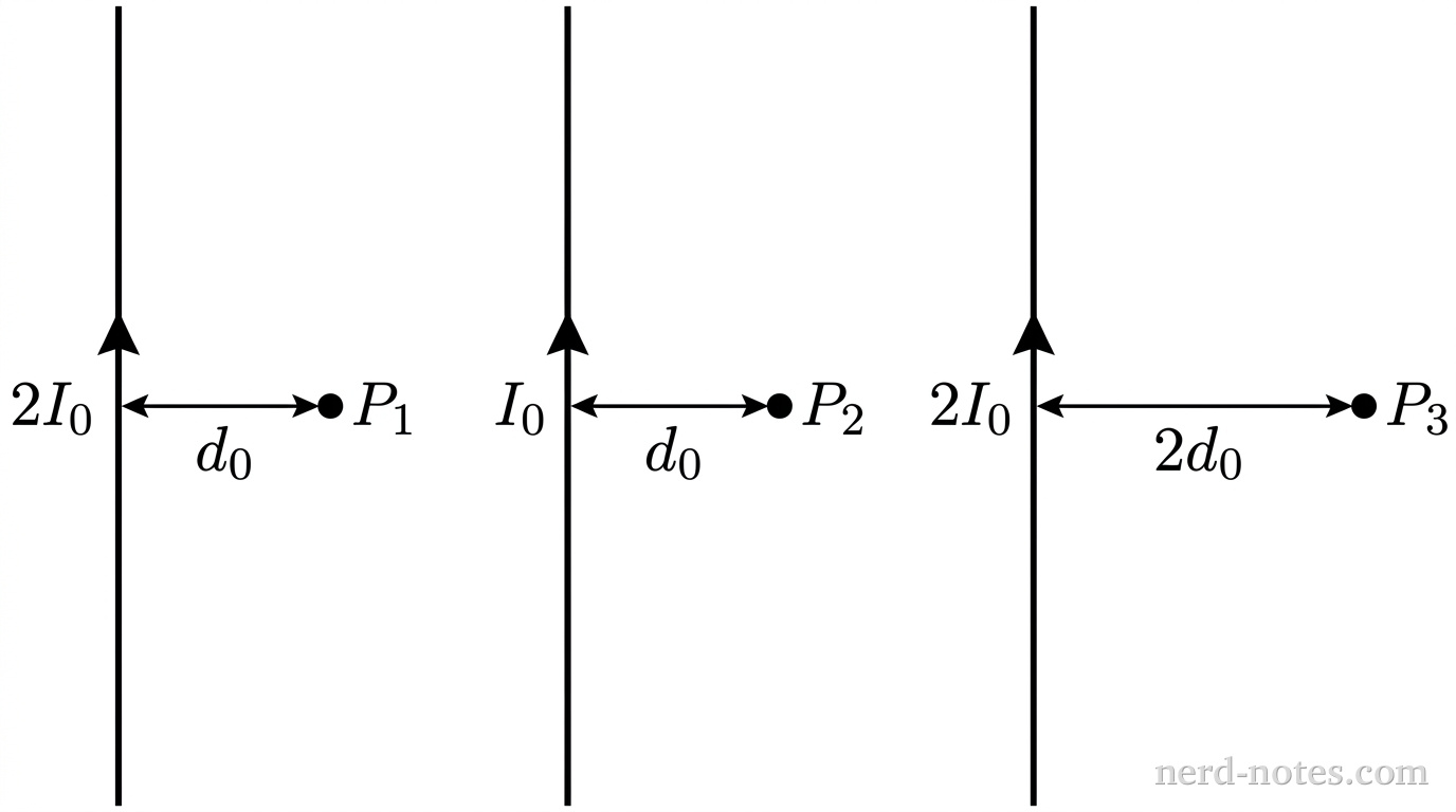 Three vertical long straight line segments representing wires arranged horizontally side by side, labeled Wire 1, Wire 2, and Wire 3 from left to right. Wire 1 has an upward vertical arrow labeled 2I_0 along its length, with a filled dot labeled P_1 positioned to its right at a horizontal distance marked d_0. Wire 2 has an upward vertical arrow labeled I_0 along its length, with a filled dot labeled P_2 positioned to its right at a horizontal distance marked d_0. Wire 3 has an upward vertical arrow labeled 2I_0 along its length, with a filled dot labeled P_3 positioned to its right at a horizontal distance marked 2d_0. No other labels, lines, text, or axes appear.