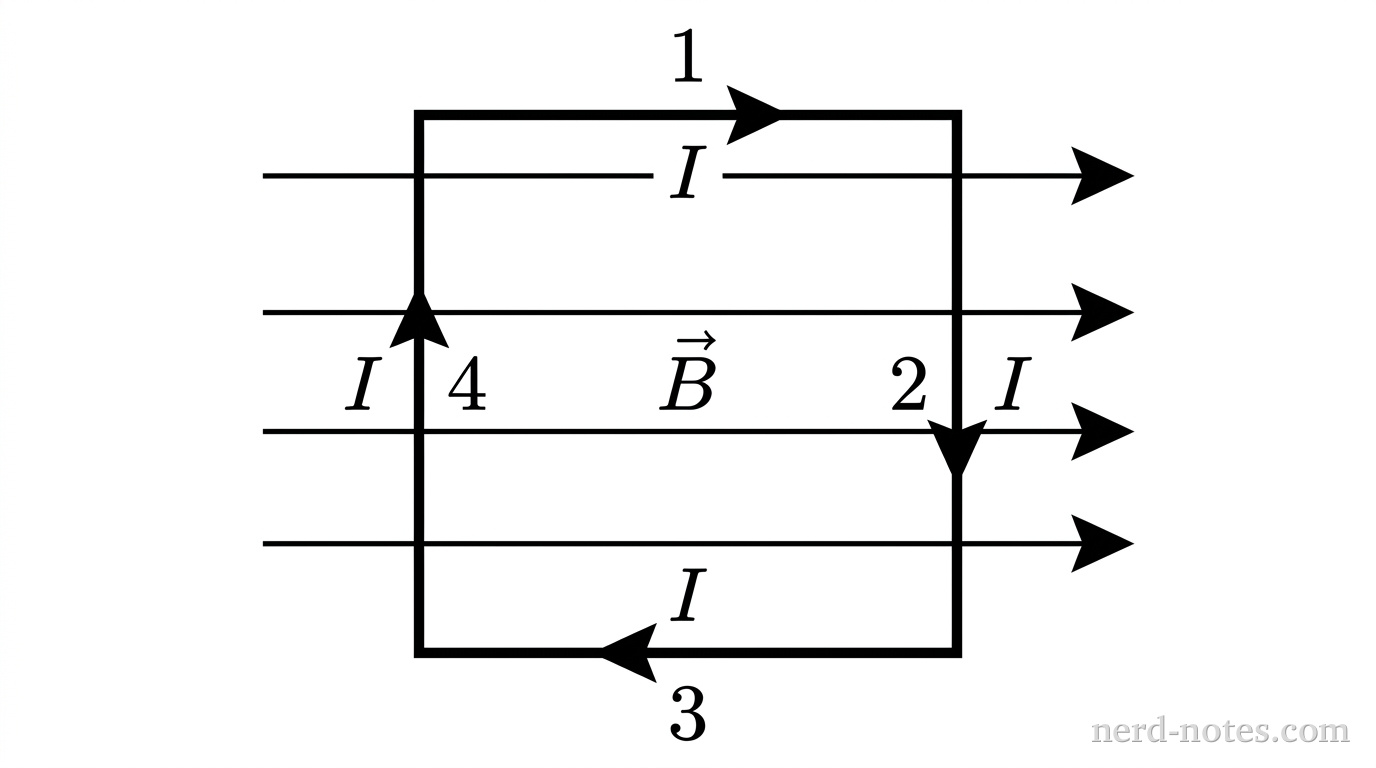 A square wire loop is centered in the plane of the page. The four sides are labeled: 1 on the top horizontal segment, 2 on the right vertical segment, 3 on the bottom horizontal segment, and 4 on the left vertical segment. Clockwise current arrows labeled I are drawn along each side: pointing right on segment 1, down on segment 2, left on segment 3, and up on segment 4. A set of four parallel, equally spaced horizontal arrows pointing to the right spans across the diagram background, labeled \vec{B}. No other labels, lines, text, or axes appear.