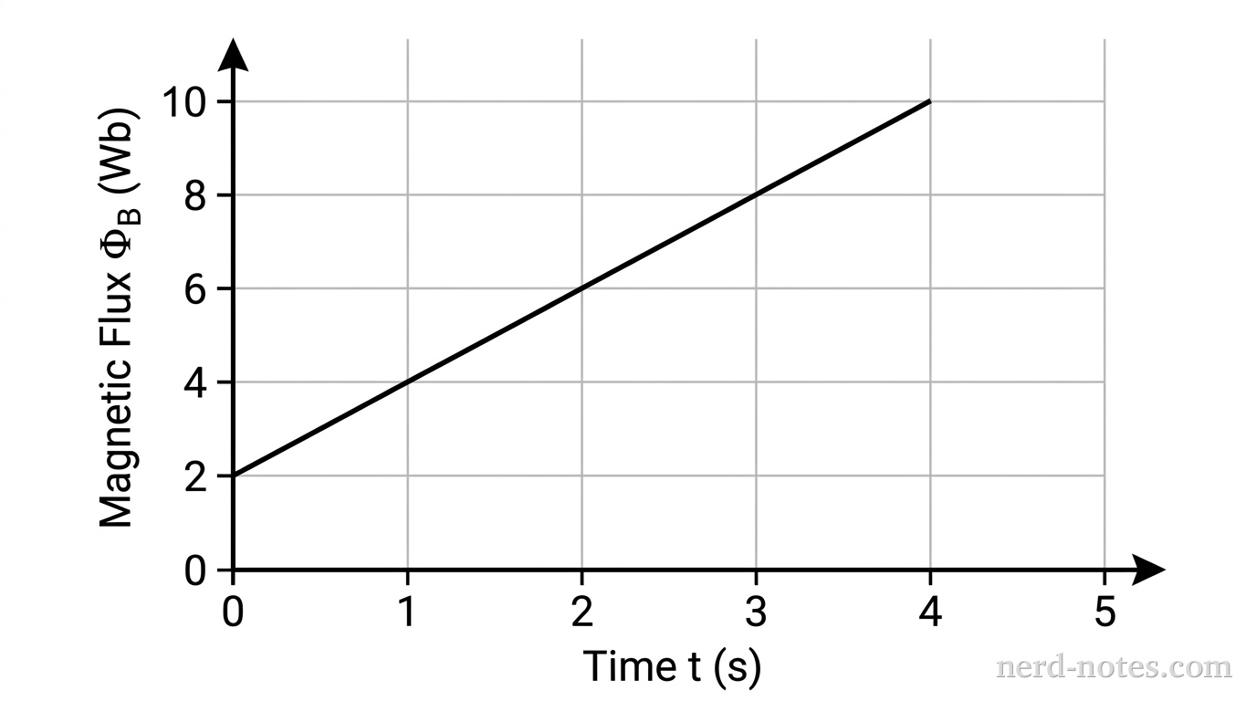 A graph of magnetic flux \(\Phi_B\) versus time \(t\). The horizontal axis is labeled Time t (s) with tick marks at 0, 1, 2, 3, 4, 5. The vertical axis is labeled Magnetic Flux \(\Phi_B\) (Wb) with tick marks at 0, 2, 4, 6, 8, 10. A solid linear segment begins at point (0, 2) and ends at point (4, 10). No other labels, lines, text, or axes appear.