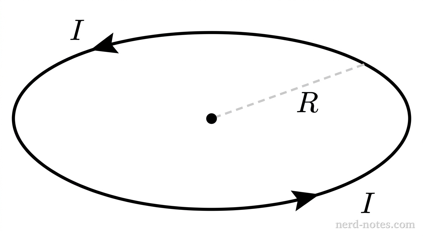 A schematic diagram showing a flat, circular conducting loop viewed at an angle. The circular loop is drawn as an ellipse in a horizontal plane with a clean solid line. A dashed straight line segment extends from the geometric center of the ellipse to the wire edge, labeled with the variable R in LaTeX math formatting. An arrow along the circular path indicates the direction of conventional current around the loop, labeled with the variable I. A solid dot marks the exact center point of the loop. No magnetic field vectors, coordinate axes, construction lines, or extraneous text appear in the diagram.