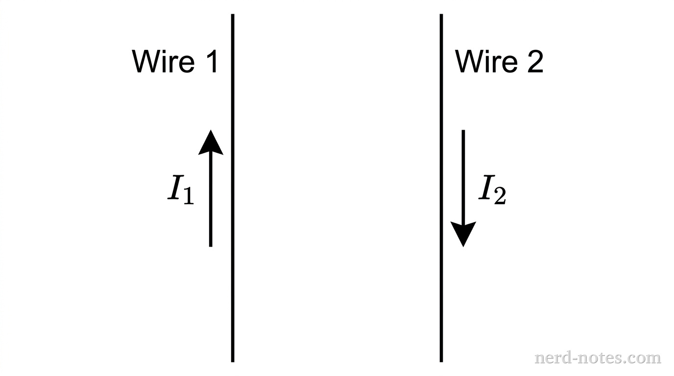 Two long, straight, vertical parallel line segments are drawn on a clean white background, representing wires. The left segment is labeled Wire 1, and the right segment is labeled Wire 2. Adjacent to Wire 1, a vertical arrow labeled \(I_1\) points toward the top of the page. Adjacent to Wire 2, a vertical arrow labeled \(I_2\) points toward the bottom of the page. No other lines, arrows, field symbols, or text labels appear.