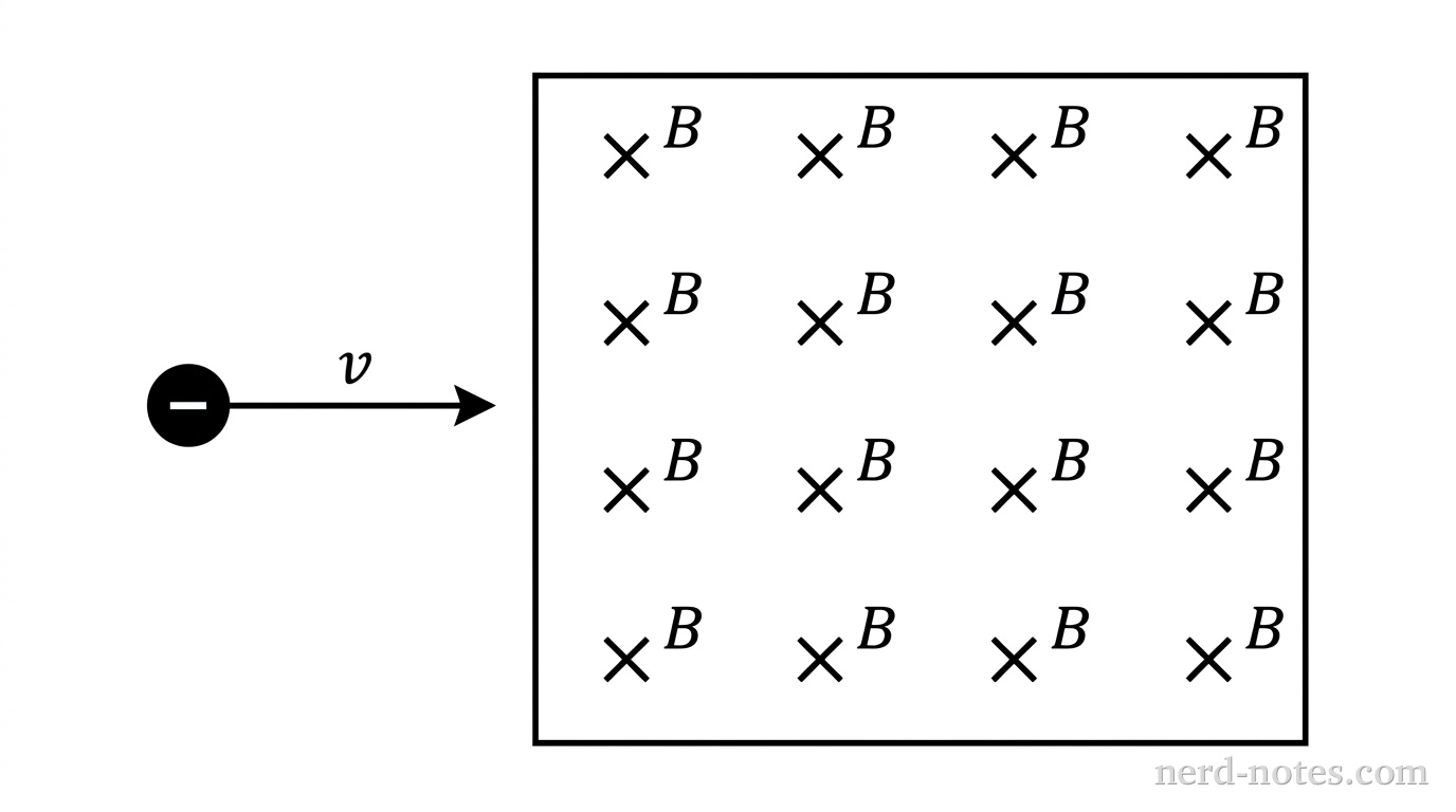 A two-dimensional diagram showing a region of uniform magnetic field represented by a four-by-four grid of evenly spaced small cross symbols, each labeled with a small B nearby. A small solid circle representing an electron, labeled with a minus sign inside, is positioned on the left side of the region. A straight horizontal arrow labeled v originates at the electron and points directly to the right toward the interior of the magnetic field region. No other labels, lines, text, or axes appear.