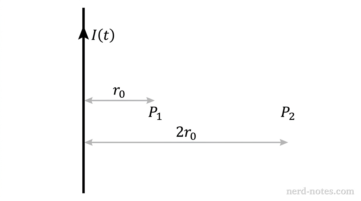 A vertical long straight wire carrying upward current I(t). Point P1 is located to the right of the wire at a horizontal distance r_0. Point P2 is located further to the right along the same horizontal line at distance 2r_0 from the wire. A dimension arrow shows distance r_0 from wire to P1, and another dimension arrow shows distance 2r_0 from wire to P2. No other labels, lines, text, or axes appear.