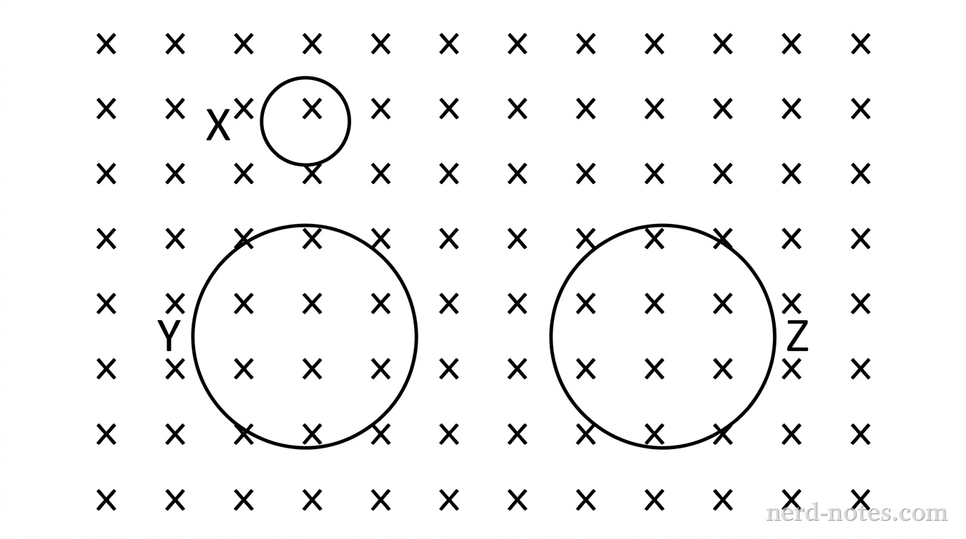 Three circular wire loops labeled X, Y, and Z are shown in a region with a uniform magnetic field B directed into the page, indicated by a regular grid of x symbols. Loop X is drawn as a small circle. Loop Y is drawn as a circle with twice the radius of Loop X. Loop Z is drawn as a circle identical in size to Loop Y. No other labels, lines, text, or axes appear.