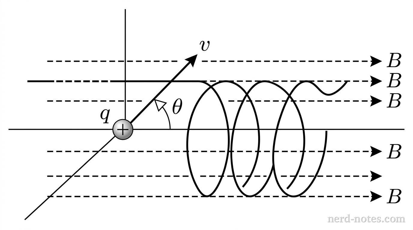 A three-dimensional coordinate setup showing a uniform magnetic field vector B pointing horizontally to the right along the positive x-axis, represented by multiple parallel horizontal dashed arrows labeled B. At the origin, a small sphere with a plus sign representing a positive charge q moves with a velocity vector v drawn as a solid arrow pointing up and to the right in the xy-plane. An arc indicates the angle theta between the velocity vector v and the magnetic field vector B. A helical path is shown spiraling around the magnetic field lines along the positive x-axis. No other labels, lines, text, or axes appear.