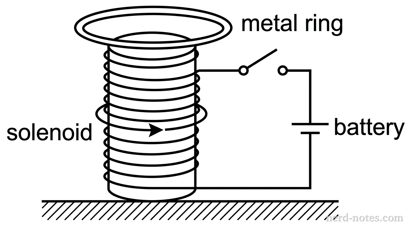 A vertical cylindrical solenoid wrapped with wire coils sits on a flat surface. A circuit connected to the solenoid includes an open switch and a DC battery. Resting on the top opening of the solenoid is a flat horizontal metal ring. An arrow wrapped around the solenoid coils indicates a counterclockwise current direction when viewed from above. No other labels, lines, text, or axes appear.