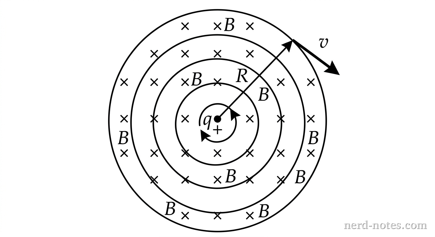 A schematic top-down view of a cyclotron's circular region of uniform magnetic field B directed perpendicular to the page. A spiral path starts at the center and expands outward to a circular boundary of radius R, where a tangential arrow shows an ion exiting the boundary.