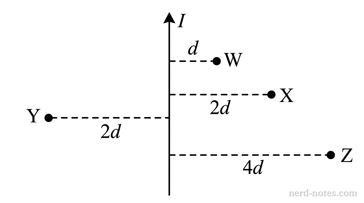 A vertical long straight wire carrying a constant current I directed upward. Four points are labeled relative to the wire. Point W is located at a horizontal distance d to the right of the wire. Point X is located at a horizontal distance 2d to the right of the wire. Point Y is located at a horizontal distance 2d to the left of the wire. Point Z is located at a horizontal distance 4d to the right of the wire. Dashed horizontal line segments with dimension labels d, 2d, and 4d indicate the radial distances from the wire to each point. No other labels, lines, text, or axes appear.