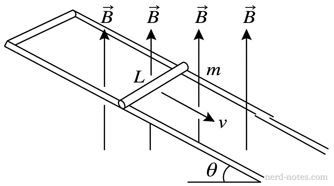 A 3D perspective diagram of two parallel conducting rails inclined at an angle \(\theta\) above the horizontal, connected at the top by a closed segment. A straight conducting bar of length \(L\) and mass \(m\) rests horizontally across the two rails, aligned perpendicular to them. An arrow along the incline points down the slope, indicating the direction of motion of the bar with speed \(v\). Uniform vertical magnetic field vectors, represented by four evenly spaced vertical upward arrows labeled \(\vec{B}\), pass through the plane formed by the rails. An angle arc labeled \(\theta\) is drawn at the bottom right between the incline and the horizontal base. No other labels, lines, text, or axes appear.