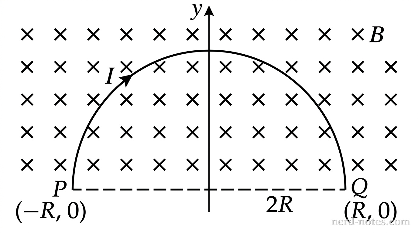 A semicircular wire carrying current I in a uniform magnetic field B.