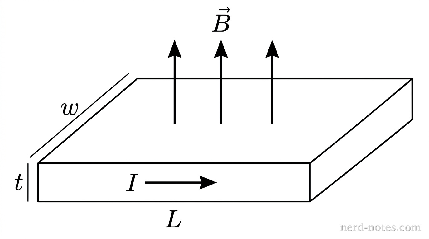 A three-dimensional rectangular slab of conducting material is shown in perspective. The slab extends horizontally along length \(L\), has a horizontal width \(w\) extending back into the page, and a vertical thickness \(t\). An arrow labeled \(I\) points to the right along the length \(L\) on the front face, indicating the direction of electric current. Three parallel vertical magnetic field vectors labeled \(\vec{B}\) point upward through the top face of the slab. Labels \(L\), \(w\), and \(t\) mark the respective dimensions along the front horizontal edge, the top receding edge, and the vertical front edge. No other labels, lines, text, or axes appear.