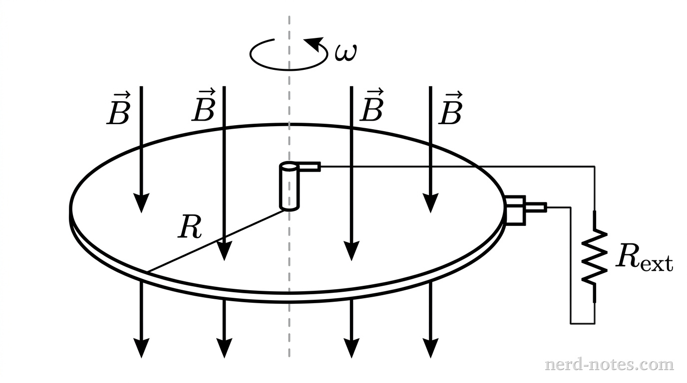 A horizontal circular disk of radius \(R\) shown in perspective as a thin tilted ellipse. A vertical dashed line passes through the center of the disk to represent the rotation axis, with a curved arrow near the top labeled \(\omega\) indicating clockwise rotation when viewed from above. Uniform magnetic field vectors, represented by four evenly spaced vertical downward arrows labeled \(\vec{B}\), pass perpendicularly through the disk. A stationary conductive wire brush makes contact with the central axis, and a second brush touches the outer edge of the disk. These brushes connect to two outer wire leads leading toward an external resistor symbol labeled \(R_{\text{ext}}\). No other labels, lines, text, or axes appear.