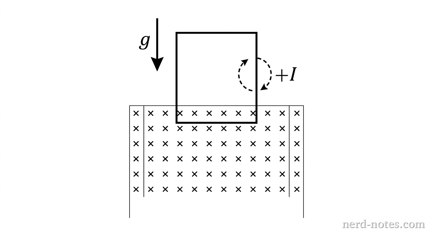 A square wire loop of side length L is positioned vertically above a horizontal rectangular region containing a uniform magnetic field directed into the page, represented by a regular grid of small x symbols. A downward vertical arrow next to the loop is labeled with g to indicate gravitational acceleration. A dashed circular arrow pointing counterclockwise around the loop is labeled with +I to define the positive current direction. Below the magnetic field region, open white space indicates that the loop will continue falling straight through. The vertical height of the magnetic field region is greater than the side length L of the loop. No other labels, lines, text, or axes appear.