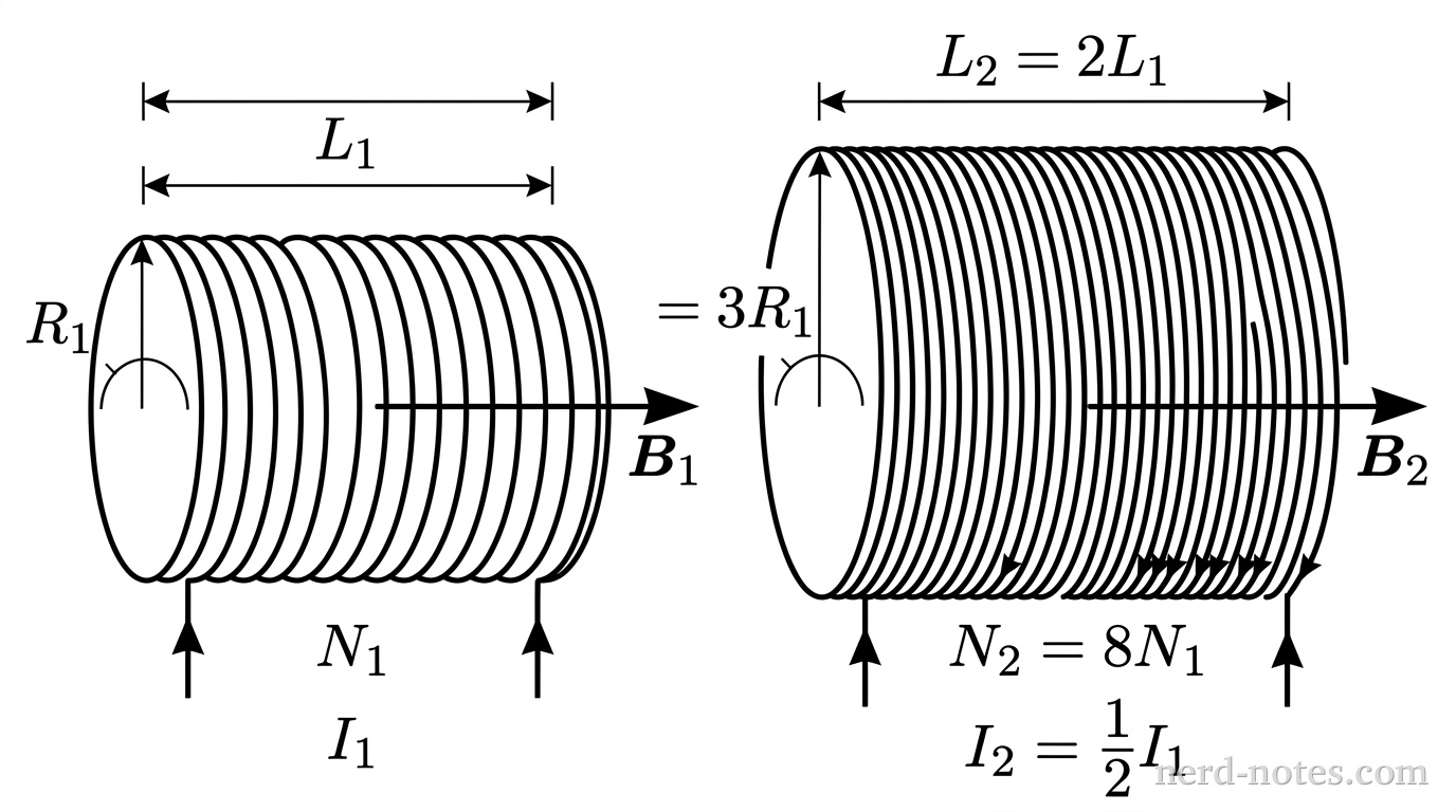 Two cylindrical solenoids aligned side-by-side on a white background. Solenoid 1 on the left has length L_1, radius R_1, N_1 turns of wire, and current I_1 flowing through its windings. Solenoid 2 on the right is drawn twice as long with length L_2 = 2L_1, three times as wide with radius R_2 = 3R_1, has N_2 = 8N_1 tightly packed turns, and carries current I_2 = (1/2)I_1. Arrow indicators at the center of each solenoid show magnetic field vectors B_1 and B_2 directed along their central longitudinal axes. No other labels, lines, text, or axes appear.