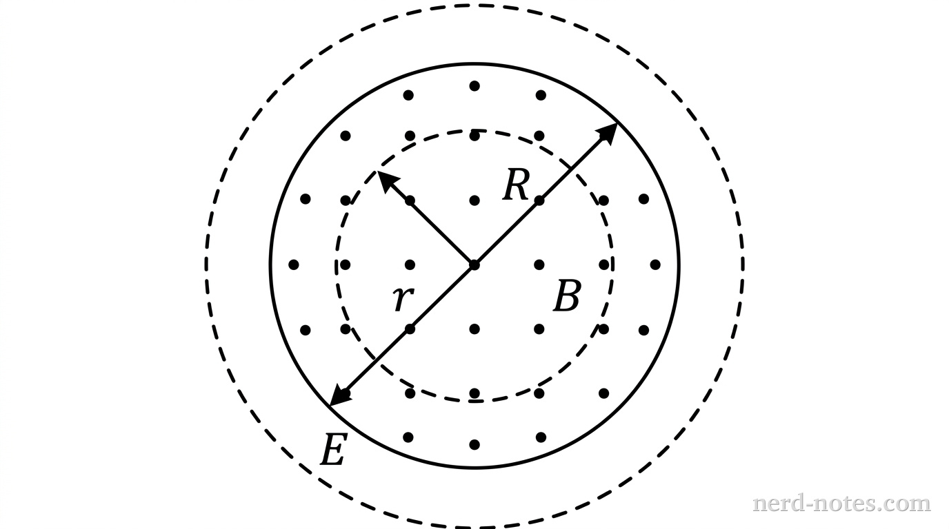 A top-down view of a circular region of radius R centered at the origin. Inside the circle of radius R, uniform magnetic field vectors are represented as dots pointing out of the page, labeled B. A dashed concentric circle of radius r less than R is shown centered at the origin with a tangent vector labeled E. A second dashed concentric circle of radius r greater than R is shown outside the circular region. No other labels, lines, text, or axes appear.