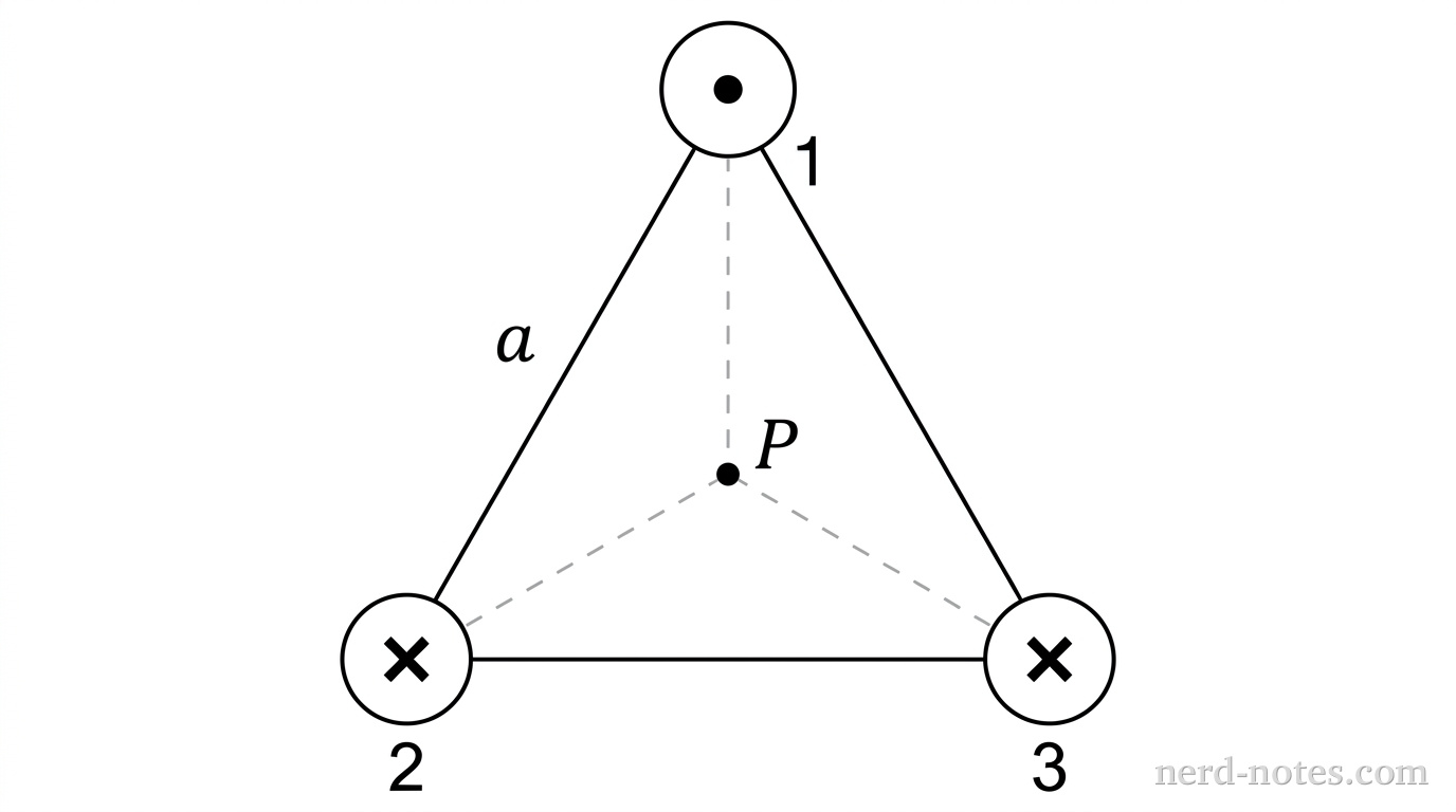 Cross-sectional diagram showing three circular wire cross-sections at the vertices of an equilateral triangle with side length labeled a. Wire 1 is at the top vertex containing a central dot labeled with current out of page. Wire 2 is at the bottom-left vertex containing an X labeled with current into page. Wire 3 is at the bottom-right vertex containing an X labeled with current into page. The central point P is marked at the centroid of the triangle with dashed line segments connecting each vertex to point P. No other labels, lines, text, or axes appear.