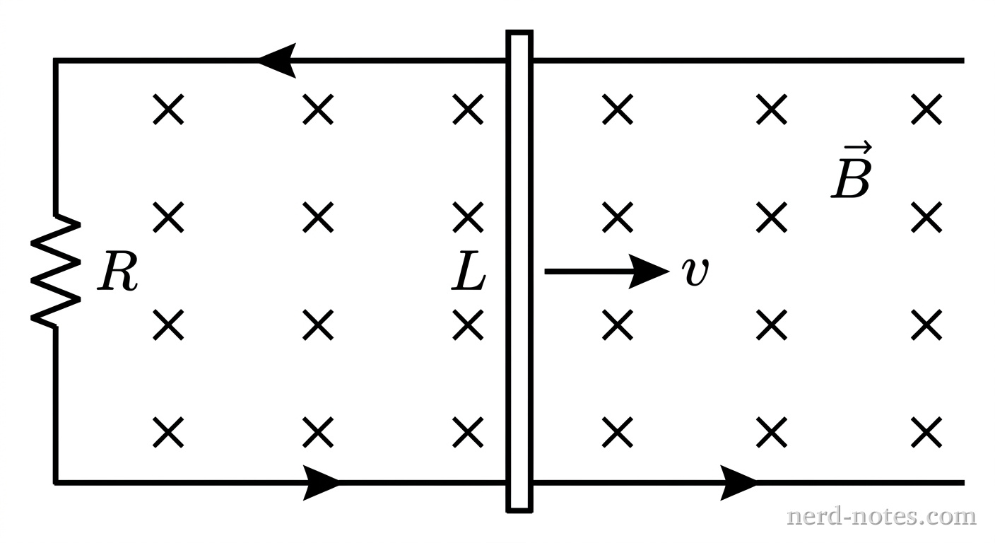 A top-down schematic view of a rectangular conducting track system in the horizontal plane. A U-shaped conducting rail consists of two parallel horizontal rails running left-to-right, connected at the far left by a vertical segment containing a resistor labeled R. A vertical straight conducting rod of length L spans between the upper and lower rails, positioned near the middle of the track. An arrow labeled v points to the right from the midpoint of the rod. Uniform magnetic field vectors represented by evenly spaced cross symbols (x) in a 4 by 4 grid cover the interior region between the rails, labeled with a field vector symbol B pointing into the page. No other labels, lines, text, or axes appear.