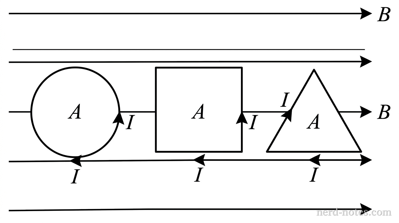 A schematic showing three planar current-carrying wire loops placed side by side in a region containing a uniform magnetic field. On the left is a circular loop labeled with surface area A and a clockwise current arrow I. In the center is a square loop labeled with surface area A and a clockwise current arrow I. On the right is an equilateral triangular loop labeled with surface area A and a clockwise current arrow I. Five parallel horizontal arrows pointing to the right span the background, labeled B to represent a uniform magnetic field. No other labels, lines, text, or axes appear.