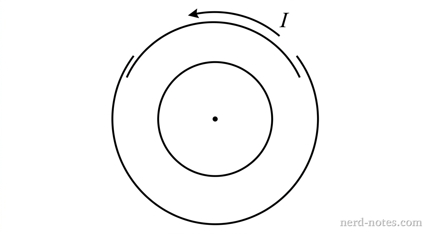 Two concentric circular wire loops lie in the plane of the page. The outer loop is a large circle drawn with a solid line. Along the top edge of the outer loop, a curved arrow points counterclockwise and is labeled I. The inner loop is a smaller circle drawn with a solid line, located entirely within the region bounded by the outer loop and sharing the same central origin. A single small dot marks the common center of both loops. The region between the loops and inside the inner loop is clear. No other text, arrows, axes, or symbols appear.