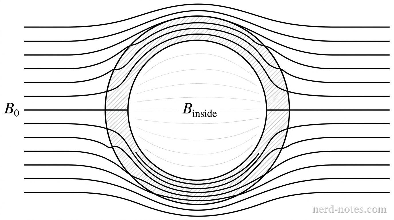 A 2D schematic showing a cross-section of a thick circular ring representing a hollow shell made of high-permeability material placed in an external magnetic field. Horizontal parallel magnetic field lines approach the shell from the left. As the field lines reach the shell, they bend smoothly into the top and bottom curved walls of the ring, traveling through the solid material of the shell wall and exiting to the right as horizontal lines. The central hollow circle inside the shell contains almost no field lines. The uniform external field far from the shell is labeled B_0, and the hollow interior region is labeled B_inside. No other labels, lines, text, or axes appear.