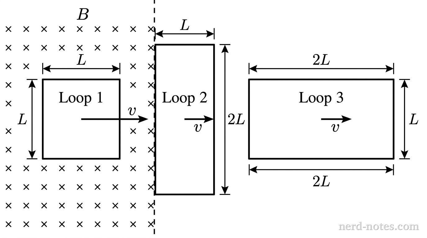 A vertical dashed line represents the boundary between a region of uniform magnetic field B on the left and a field-free region on the right. Inside the magnetic field region on the left, an array of small x symbols indicates the field is directed into the page. Three planar wire loops, labeled Loop 1, Loop 2, and Loop 3, lie in the xy-plane and straddle the boundary line, moving to the right with horizontal velocity vectors labeled v. Loop 1 is a square of width L and height L. Loop 2 is a tall rectangle of width L and height 2L. Loop 3 is a wide rectangle of width 2L and height L. For each loop, its right vertical side is to the right of the dashed boundary line and its left vertical side is to the left of the dashed boundary line. No other labels, lines, text, or axes appear.